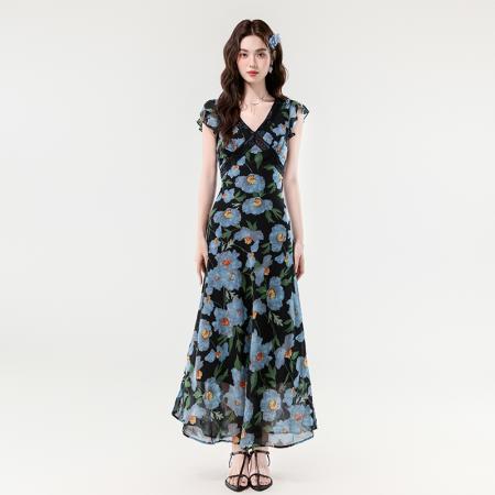 夏新款法式v领优雅浪漫花朵小飞袖蕾丝边长款显瘦连衣裙 服裝批發女裝批發服飾貨源