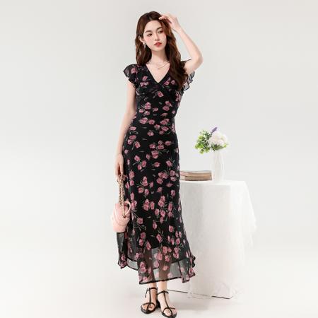 夏新款法式v领优雅浪漫花朵小飞袖蕾丝边长款显瘦连衣裙 服裝批發女裝批發服飾貨源