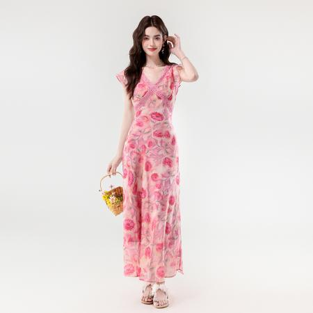 夏新款法式v领优雅浪漫花朵小飞袖蕾丝边长款显瘦连衣裙 服裝批發女裝批發服飾貨源