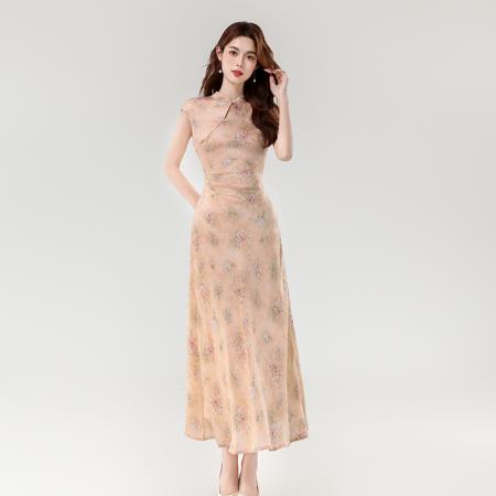 夏季新款新中式温婉优雅浪漫小碎花改良旗袍长款连衣裙 服裝批發女裝批發服飾貨源