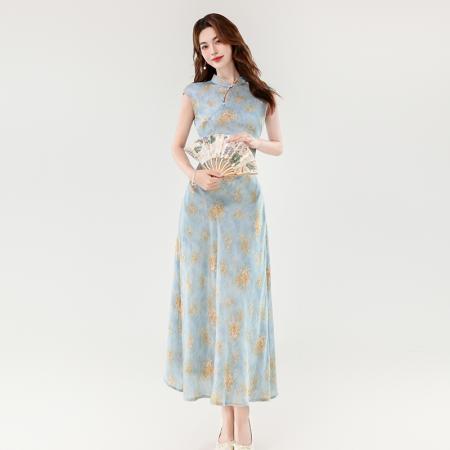 夏季新款新中式温婉优雅浪漫小碎花改良旗袍长款连衣裙 服裝批發女裝批發服飾貨源