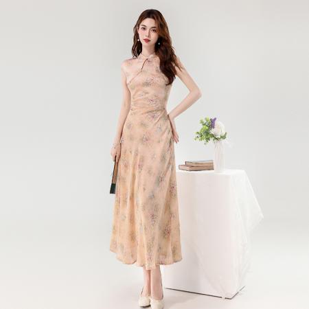 夏季新款新中式温婉优雅浪漫小碎花改良旗袍长款连衣裙 服裝批發女裝批發服飾貨源