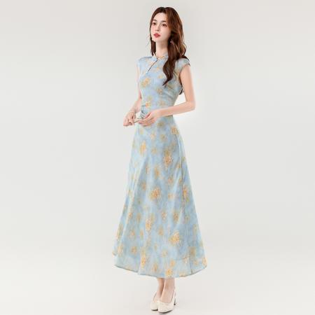夏季新款新中式温婉优雅浪漫小碎花改良旗袍长款连衣裙 服裝批發女裝批發服飾貨源