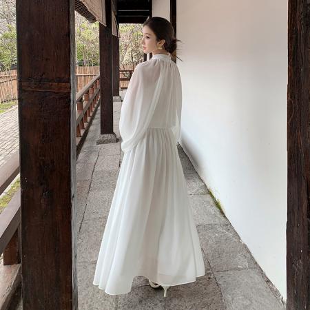 圣托里尼呼吸感鼠尾草绿设计感雪纺半高领披肩上衣收腰大摆裙套装 服裝批發女裝批發服飾貨源