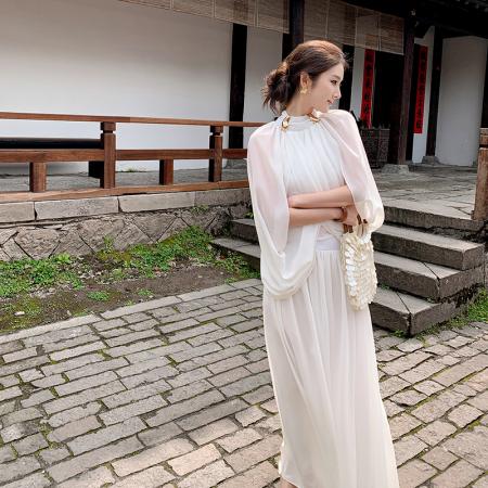 圣托里尼呼吸感鼠尾草绿设计感雪纺半高领披肩上衣收腰大摆裙套装 服裝批發女裝批發服飾貨源