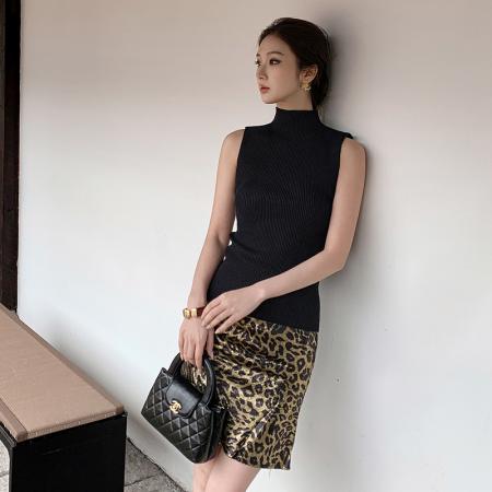 复古鎏金烫金豹纹A字高腰半身裙辣妹针织背心修身显瘦短裙套装 服裝批發女裝批發服飾貨源