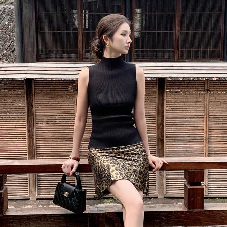 复古鎏金烫金豹纹A字高腰半身裙辣妹针织背心修身显瘦短裙套装 服裝批發女裝批發服飾貨源