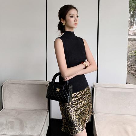复古鎏金烫金豹纹A字高腰半身裙辣妹针织背心修身显瘦短裙套装 服裝批發女裝批發服飾貨源