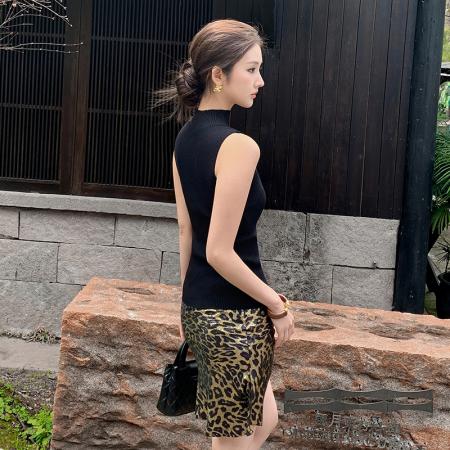 复古鎏金烫金豹纹A字高腰半身裙辣妹针织背心修身显瘦短裙套装 服裝批發女裝批發服飾貨源