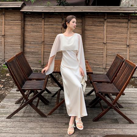 法式优雅气质别致披肩领显瘦设计感飘带连衣裙 服裝批發女裝批發服飾貨源