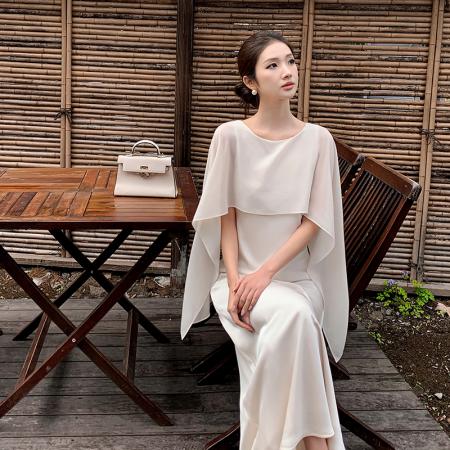 法式优雅气质别致披肩领显瘦设计感飘带连衣裙 服裝批發女裝批發服飾貨源