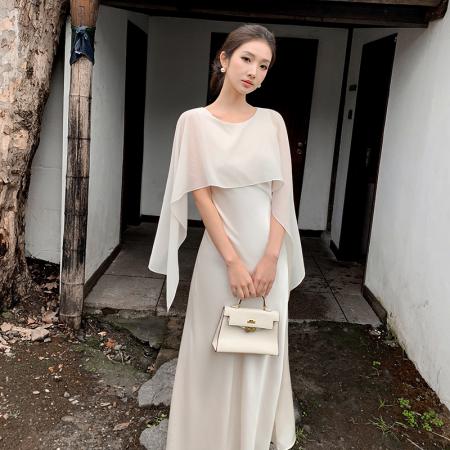 法式优雅气质别致披肩领显瘦设计感飘带连衣裙 服裝批發女裝批發服飾貨源