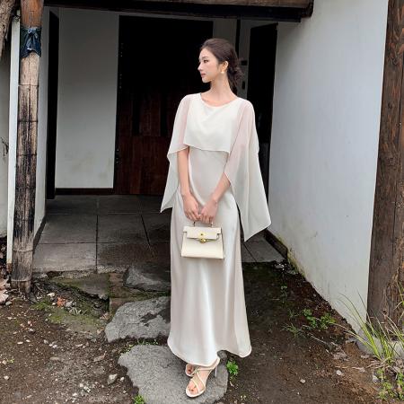 法式优雅气质别致披肩领显瘦设计感飘带连衣裙 服裝批發女裝批發服飾貨源