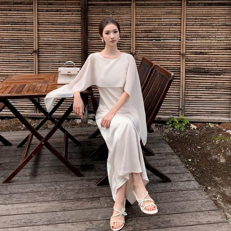 法式优雅气质别致披肩领显瘦设计感飘带连衣裙 服裝批發女裝批發服飾貨源