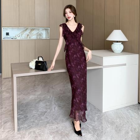 雪纺斜裁吊带连衣裙女夏季新款无袖小个子法式气质名媛裙 服裝批發女裝批發服飾貨源