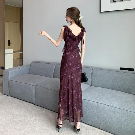 雪纺斜裁吊带连衣裙女夏季新款无袖小个子法式气质名媛裙 服裝批發女裝批發服飾貨源