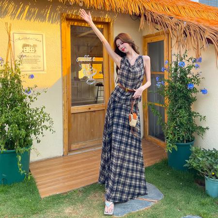 BY14196# 法式辣妹复古格子荡领背心上衣女高腰半身长裙套装连衣裙 服裝批發女裝批發服飾貨源