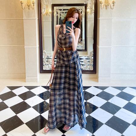 法式辣妹复古格子荡领背心上衣女高腰半身长裙套装连衣裙 服裝批發女裝批發服飾貨源