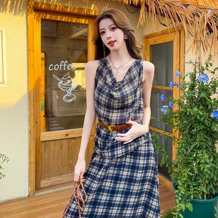 法式辣妹复古格子荡领背心上衣女高腰半身长裙套装连衣裙 服裝批發女裝批發服飾貨源