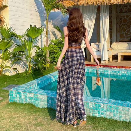 法式辣妹复古格子荡领背心上衣女高腰半身长裙套装连衣裙 服裝批發女裝批發服飾貨源