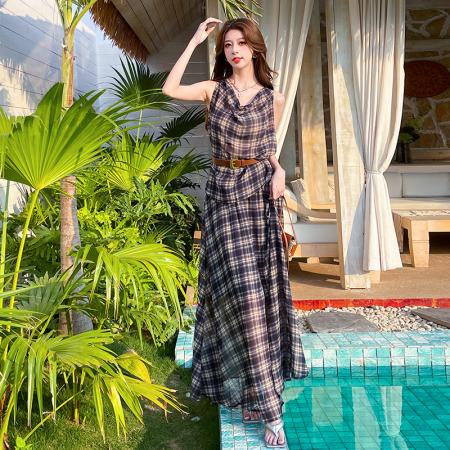 法式辣妹复古格子荡领背心上衣女高腰半身长裙套装连衣裙 服裝批發女裝批發服飾貨源