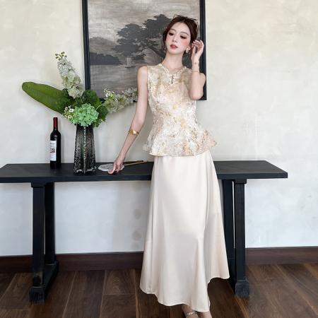 BY14197# 木子李的李新中式高级缎面提花无袖收腰马甲上衣垂感半身裙套装夏 服裝批發女裝批發服飾貨源