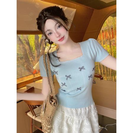 BY14198# 夏季新蝴蝶结针织衫短袖女泡泡袖T恤小清新方领气质短款上衣 服裝批發女裝批發服飾貨源