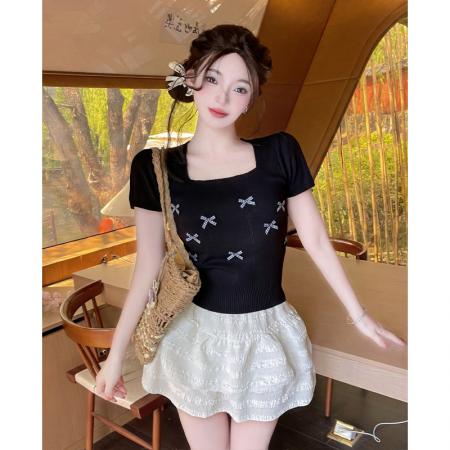 夏季新蝴蝶结针织衫短袖女泡泡袖T恤小清新方领气质短款上衣 服裝批發女裝批發服飾貨源