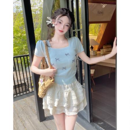 夏季新蝴蝶结针织衫短袖女泡泡袖T恤小清新方领气质短款上衣 服裝批發女裝批發服飾貨源