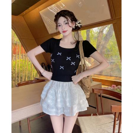 夏季新蝴蝶结针织衫短袖女泡泡袖T恤小清新方领气质短款上衣 服裝批發女裝批發服飾貨源