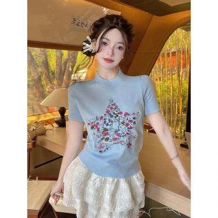 BY14200# 五角星花卉小香风短袖针织衫女夏季新高级感气质百搭显瘦上衣 服裝批發女裝批發服飾貨源