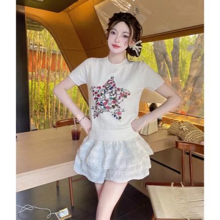 五角星花卉小香风短袖针织衫女夏季新高级感气质百搭显瘦上衣 服裝批發女裝批發服飾貨源