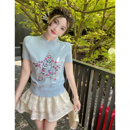 五角星花卉小香风短袖针织衫女夏季新高级感气质百搭显瘦上衣 服裝批發女裝批發服飾貨源