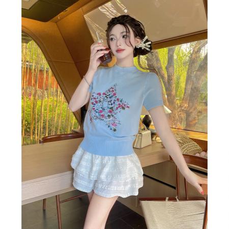 五角星花卉小香风短袖针织衫女夏季新高级感气质百搭显瘦上衣 服裝批發女裝批發服飾貨源