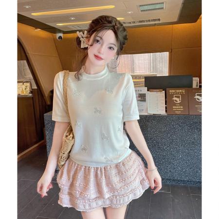 简约时尚烫钻小马针织衫女夏季新款圆领宽松减龄百搭上衣 服裝批發女裝批發服飾貨源