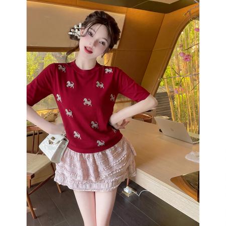 简约时尚烫钻小马针织衫女夏季新款圆领宽松减龄百搭上衣 服裝批發女裝批發服飾貨源