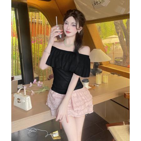 蓝色纯欲荷叶边一字领针织衫女夏季新款修身显瘦漂亮辣妹上衣 服裝批發女裝批發服飾貨源