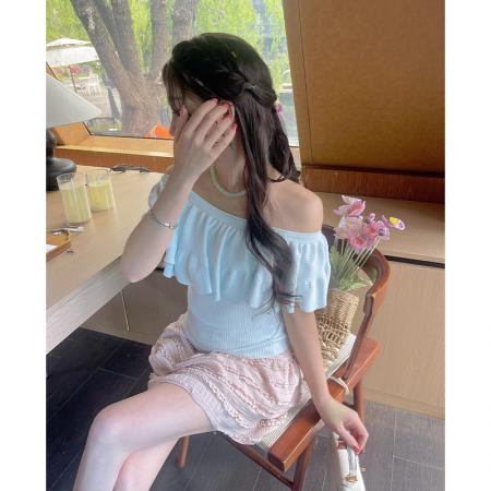 蓝色纯欲荷叶边一字领针织衫女夏季新款修身显瘦漂亮辣妹上衣 服裝批發女裝批發服飾貨源