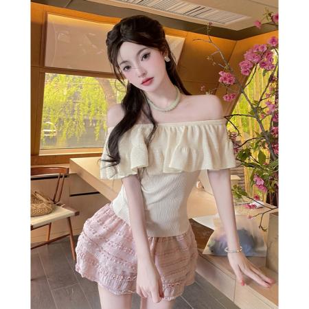 蓝色纯欲荷叶边一字领针织衫女夏季新款修身显瘦漂亮辣妹上衣 服裝批發女裝批發服飾貨源