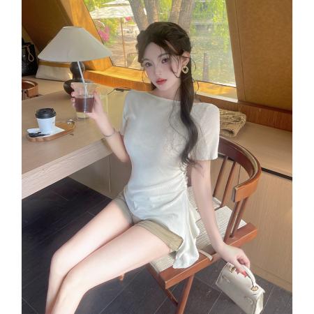 不规则荷叶边下摆飘带短袖针织衫女夏季新款修身显瘦T恤上衣 服裝批發女裝批發服飾貨源