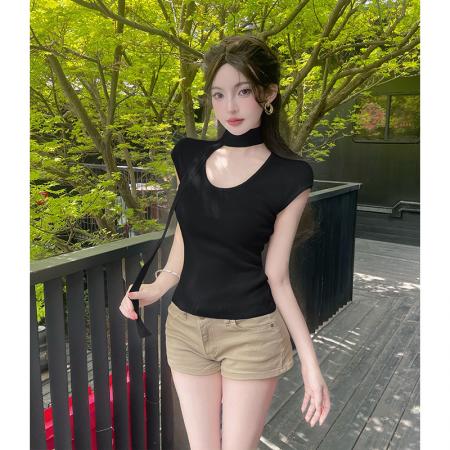 U领挂脖飘带针织衫T恤女夏季新款独特别致修身小飞袖短款上衣 服裝批發女裝批發服飾貨源