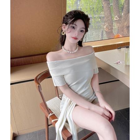 纯欲风一字肩露肩短袖针织衫女夏季时尚气质修身百搭系带上衣 服裝批發女裝批發服飾貨源