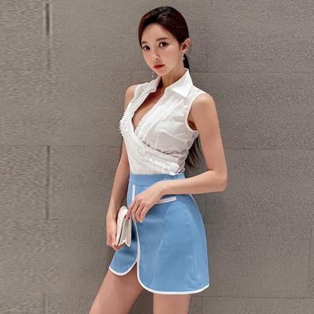 轻熟风御姐范无袖衬衫套装女夏设计感撞色包臀半身裙两件套 服裝批發女裝批發服飾貨源