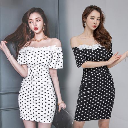 韩版一字肩波点连衣裙女夏新款收腰显瘦气质蕾丝拼接包臀短裙 服裝批發女裝批發服飾貨源