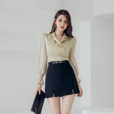 BY14210# 新款气质通勤翻领收腰上衣+开叉短裙两件套女显瘦轻熟风套装 服裝批發女裝批發服飾貨源