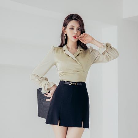 BY14210# 新款气质通勤翻领收腰上衣+开叉短裙两件套女显瘦轻熟风套装 服裝批發女裝批發服飾貨源