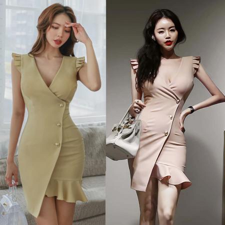 BY14213# 纯欲风性感飞飞袖连衣裙夏装新款深V收腰显瘦包臀裙法式鱼尾短裙 服裝批發女裝批發服飾貨源