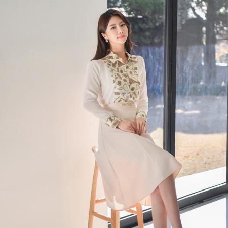 BY14214# 轻熟风优雅套装女春复古印花雪纺上衣高腰A字中裙气质通勤两件套 服裝批發女裝批發服飾貨源