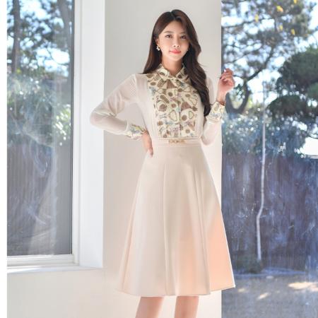 BY14214# 轻熟风优雅套装女春复古印花雪纺上衣高腰A字中裙气质通勤两件套 服裝批發女裝批發服飾貨源