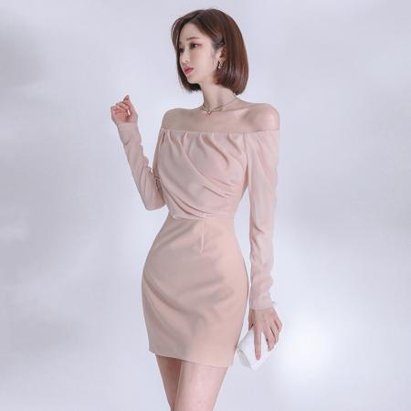BY14217# 一字肩长袖连衣裙女温柔风褶皱收腰显瘦包臀短款约会小礼裙 服裝批發女裝批發服飾貨源